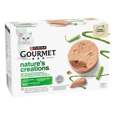 Purina Gourmet Nature's Creations, pate la abur cu somon și fasole verde. Fără aditivi. Conceput pentru a fi reciclabil. Pachetul conține 12 porții.