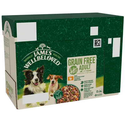 Box showing grain free adult food for ages 1-7 years, turkey with vegetables in gravy, healthy digestion, immune system, healthy skin and coat, 12 x 90g portions.