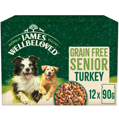 Grain free senior turkey, 12 packs of 90g each. Image shows food pieces with vegetables.