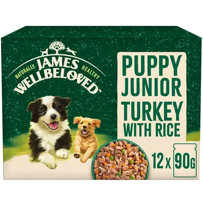 James Wellbeloved Puppy Junior Turkey with Rice, 12 packs of 90g shown on packaging with food pieces visible.