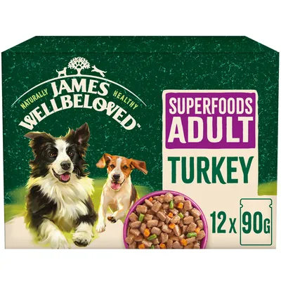 James Wellbeloved Superfoods Adult Turkey, 12 packs of 90g each, shown with food pieces and product name on packaging.