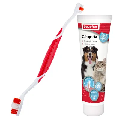 Beaphar pasta de dentes com sistema enzimático duplo, combate a placa, hálito fresco, sem flúor, sabor a fígado. Inclui escova de dentes. Para cães e gatos.
