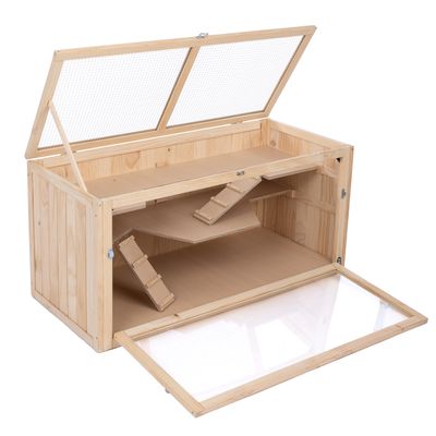 Wooden enclosure with two levels, ramps and plexiglass front. Top with mesh windows, can be opened. Suitable for small animals.
