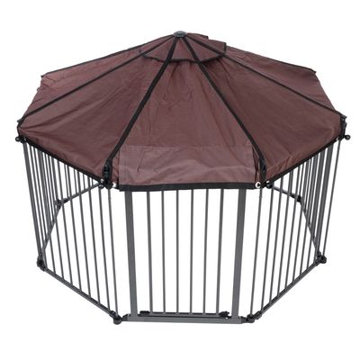 Achtseitiges Gehege aus Metall mit braunem Stoffdach, geeignet für den Aussenbereich.