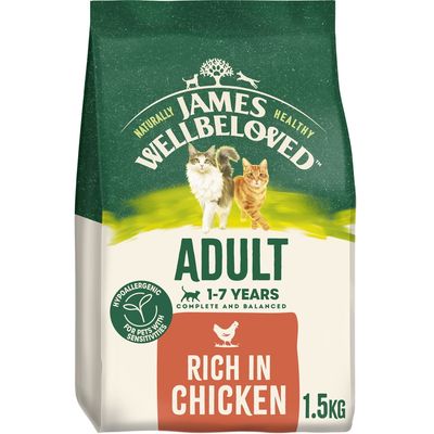 Adult pet food, suitable for ages 1-7 years, complete and balanced, hypoallergenic for pets with sensitivities, rich in chicken, 1.5kg pack.