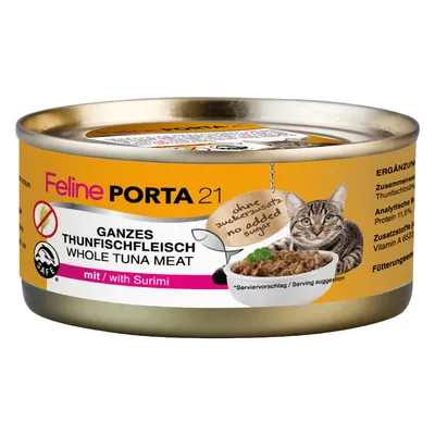 Feline Porta 21, Ganzes Thunfischfleisch mit Surimi. Ohne Zuckerzusatz. Ergänzungsfuttermittel für Katzen. Analytische Bestandteile: Protein 11,5%. Serviervorschlag abgebildet.