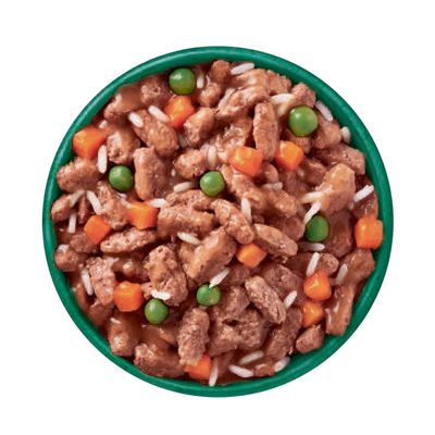 Tray with wet food, visible meat pieces, peas, diced carrots and rice in gravy.