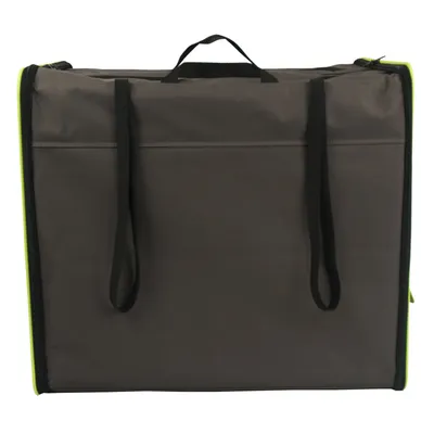 Borsa da trasporto in tessuto grigio con manici e cinghie nere, forma rettangolare.