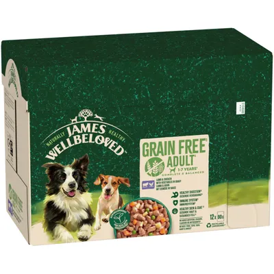 James Wellbeloved Grain Free Adult 1-7 Years, Lamb & Chicken with Vegetables in Gravy, 12x90g, hypoallergenic, recyclable packaging. James Wellbeloved Grain Free Adult 1-7 Years, Lamb & Chicken with Vegetables in Gravy, 12x90g, hypoallergenic, recyclable packaging.