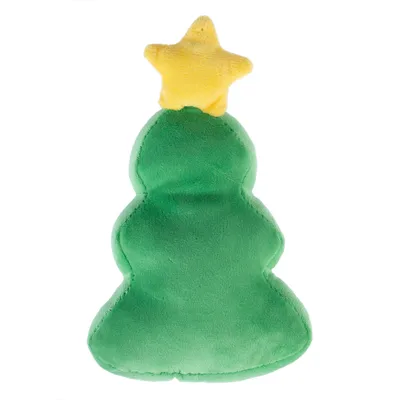 Weiches Spielzeug in Form eines grünen Weihnachtsbaums mit gelbem Stern an der Spitze.