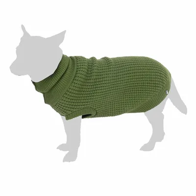 Pull pour chien en maille verte, col roulé, présenté sur un mannequin canin gris. Matière visible : tissu tricoté.