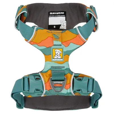 Ruffwear Hundegeschirr in Grösse S mit orange-türkisfarbenem Muster, robusten Schnallen und Metallring. Etikett für Namen und Telefonnummer sichtbar.