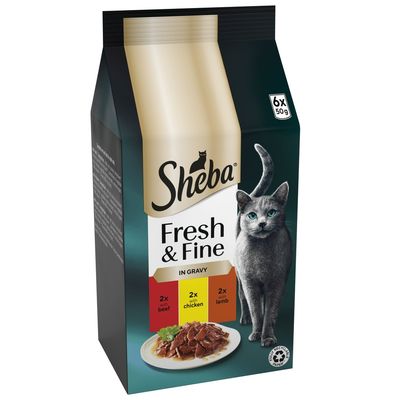 Sheba Fresh & Fine in Gravy Mini Pouches Multibuy 12 x 50g Beef, Chicken & Lamb in Gravy