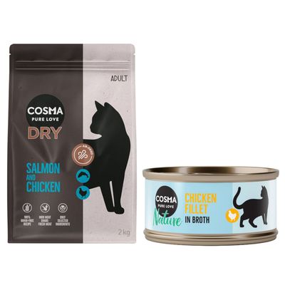 Cosma Kombi-Paket: Trockenfutter + Nature Nassfutter 2 x 2 kg Lachs & Huhn + 24 x 70 g Hühnchenfilet