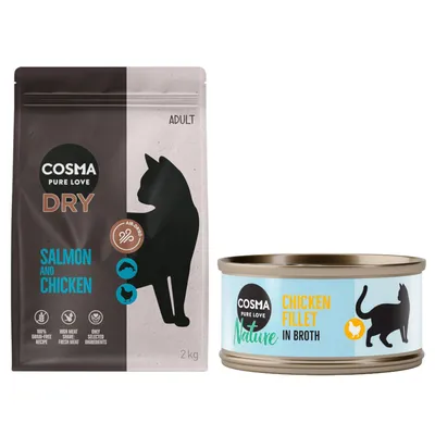 Cosma Kombi-Paket: Trockenfutter + Nature Nassfutter - 2 x 2 kg Lachs & Huhn + 24 x 70 g Hühnchenfilet Cosma Kombi-Paket: Trockenfutter + Nature Nassfutter - 2 x 2 kg Lachs & Huhn + 24 x 70 g Hühnchenfilet