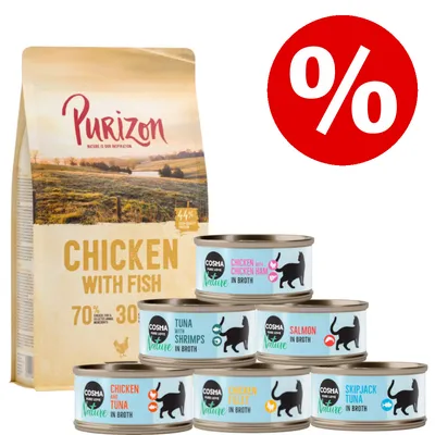Purizon Chicken with Fish Trockenfutter, Cosma Nature Dosen: Chicken mit Chicken Ham, Tuna mit Shrimps, Salmon, Chicken und Tuna, Chicken Fillet, Skipjack Tuna. Prozentzeichen für Angebot.