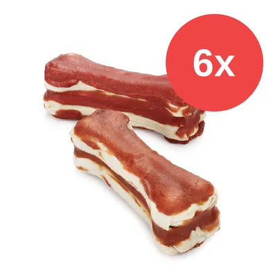 Zwei Kauknochen mit rotem und weißem Fleischmuster, Packungsgröße: 6 Stück. Zwei Kauknochen mit rotem und weißem Fleischmuster, Packungsgröße: 6 Stück.