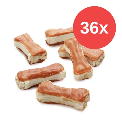 36x Kauknochen mit heller Füllung und brauner Ummantelung, geeignet als Snack.