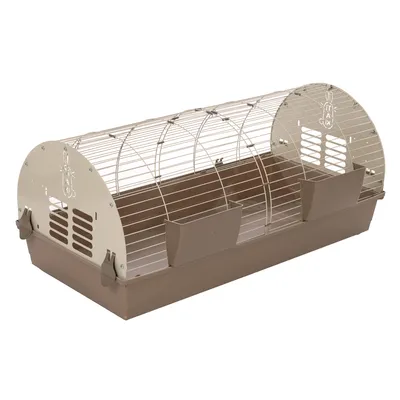 Kleindierenkooi met bruine kunststof bak, wit metalen traliewerk en twee voerbakken. Zijdelingse ventilatiesleuven en decoratief konijnenmotief op de zijkanten.