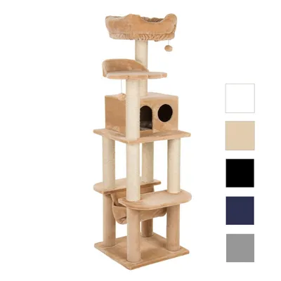 Krabpaal met meerdere niveaus, sisalpalen, ligmanden en een huisje. Verkrijgbaar in vijf kleuren: wit, beige, zwart, donkerblauw en grijs.