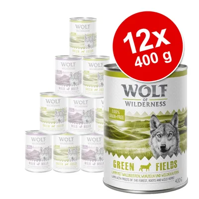 Zestaw 12 puszek po 400 g Wolf of Wilderness Green Fields i Wild Hills. Widoczne napisy: 100% grain-free, Green Fields, Wild Hills.