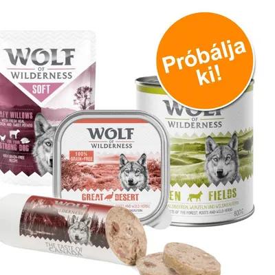 Wolf of Wilderness kutyaeledel csomag: Great Desert, Green Fields, Soft Leafy Willows, The Taste of Canada. Narancssárga körben: Próbálja ki!
