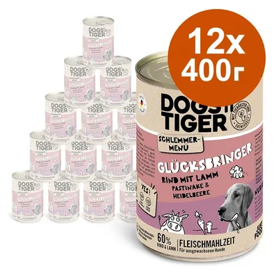 DOGS'n TIGER Glücksbringer консервирана храна за кучета, 12x400 г. Видими съставки: говеждо с агнешко, пащърнак и боровинка. 60 % Rind & Lamm. Изображение на куче. DOGS'n TIGER Glücksbringer консервирана храна за кучета, 12x400 г. Видими съставки: говеждо с агнешко, пащърнак и боровинка. 60 % Rind & Lamm. Изображение на куче.