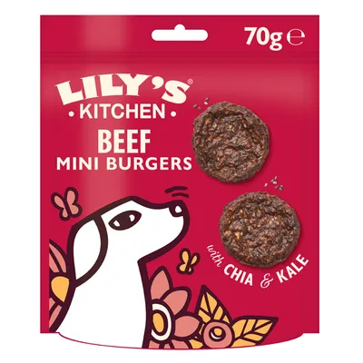Lily's Kitchen Beef Mini Burgers, 70g, chia maggal és kelkáposztával. A csomagoláson két burger és grafikus kutyaábrázolás látható.