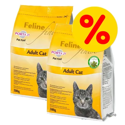 To poser Porta 21 Feline Finest Adult Cat tørfoder, hver 500 g. Stor gul procent-tegn viser tilbud eller rabat. Synlig tekst: Pet Food, Adult Cat. To poser Porta 21 Feline Finest Adult Cat tørfoder, hver 500 g. Stor gul procent-tegn viser tilbud eller rabat. Synlig tekst: Pet Food, Adult Cat.