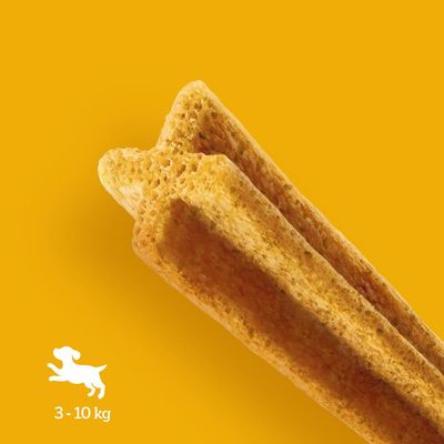 Chew stick product with icon showing suitable for animals weighing 3 to 10 kg.