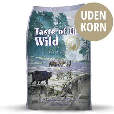Taste of the Wild hundefoder, Sierra Mountain Canine Formula with Roasted Lamb. Stor cirkel med teksten UDEN KORN. Tekst: A grain-free diet. Purified water. Billede af ulve og får.