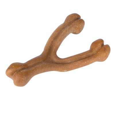 Brązowa zabawka do żucia w kształcie gałęzi z dwoma rozgałęzionymi końcami.