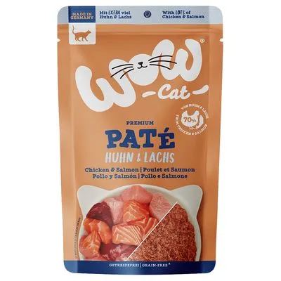 WOW Cat Premium Paté Huhn & Lachs, 70% kip en zalm, graanvrij. Tekst: Made in Germany, Chicken & Salmon, 100 g. Afbeelding van vlees en paté op de verpakking.