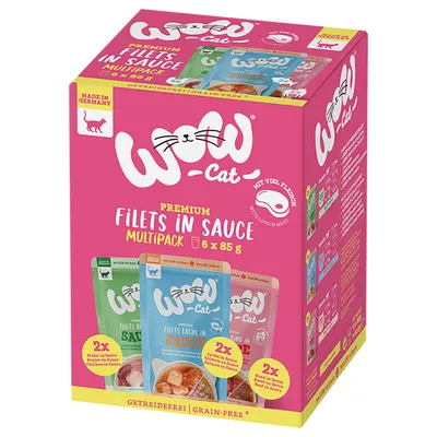 WOW Cat Premium Filets in Sauce Multipack 6×85 g, bez obilovin, 2× kuřecí, 2× losos, 2× hovězí, vyrobeno v Německu. Viditelné balení sáčků.