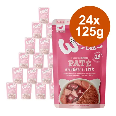 Lot de 24 sachets W-cat Premium Junior Paté volaille et foie, 125 g chacun. Texte visible : Made in Germany, Junior, 99 % viande, sans céréales, poultry & liver.