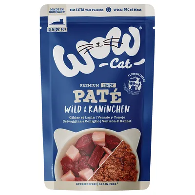 WOW Cat Paté Senior 10+ gibier et lapin, 99 % viande et bouillon, sans céréales, Made in Germany, sachet bleu, photo de morceaux de viande et pâté.