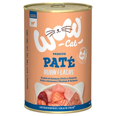 WOW Cat Premium Paté Huhn & Lachs, burk med synliga bitar av kyckling och lax, text: 99 % köttinnehåll, spannmålsfri, Made in Germany.