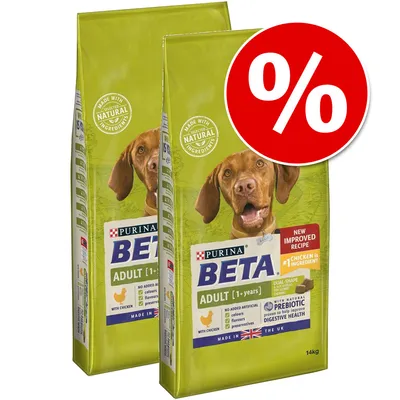 Two bags of Purina Beta Adult with chicken, new improved recipe, no added artificial colours, flavours or preservatives, natural prebiotic for digestive health, special offer symbol shown. Two bags of Purina Beta Adult with chicken, new improved recipe, no added artificial colours, flavours or preservatives, natural prebiotic for digestive health, special offer symbol shown.