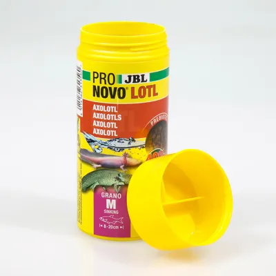 JBL Pro Novo Lotl, krmivo pro axolotly, Grano M, potápivé, vhodné pro zvířata 8–20 cm. Prebiotické, 40 % bílkovin, žluté balení s odnímatelným víkem.
