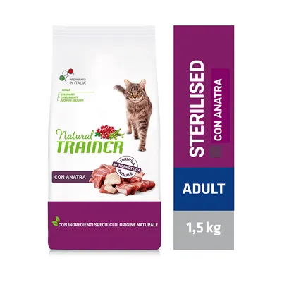 Natural Trainer STERILISED CON ANATRA ADULT 1,5 kg, bez barviv, konzervantů a přidaných cukrů, s ingrediencemi přírodního původu. Na obalu obrázek kočky a kachního masa.
