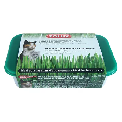Zolux Herbe Depurative Naturelle. Ideaal voor binnenkatten. Ondersteunt spijsvertering en balans, verwijdert haarballen, levert plantaardige voedingsstoffen.