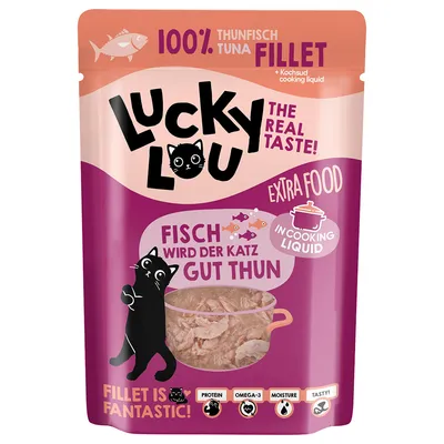 Lucky Lou Thunfisch-Filet in Kochsud. Extra Food für Katzen. Fisch wird der Katz gut tun. Protein, Omega-3, Feuchtigkeit. Fillet is fantastic!