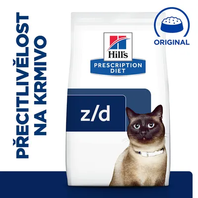 Hill's Prescription Diet z/d pro kočky, text: Přecitlivělost na krmivo, symbol misky s nápisem ORIGINAL, obrázek kočky na obalu.