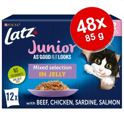 Latz Junior Mixed selection in jelly kissaruoan pakkaus, 48x85 g. Purina. Sisältää naudanlihaa, kanaa, sardiinia ja lohta. Ei väriaineita. Englanninkielinen teksti.