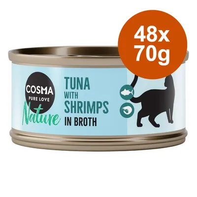 Cosma Nature Pure Love, Thunfisch mit Garnelen in Brühe, 48x70g Dose. Silhouette einer Katze und Icons für Fisch und Garnelen sichtbar.