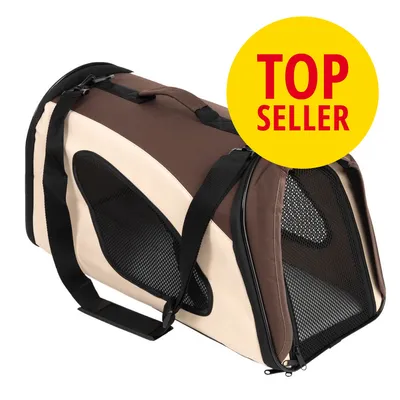 Ruskea-beige kangaskuljetuslaukku, jossa mustat verkkoikkunat ja kantohihnat. Keltainen ympyrä, jossa punaisella teksti 'TOP SELLER'.
