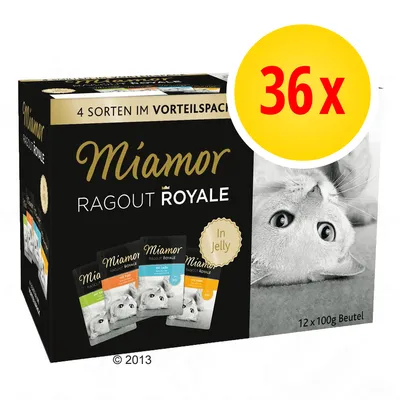Miamor Ragout Royale In Jelly -kissanruokapakkaus, 36 annospussia, 4 makua. Pakkauksessa kuva kissasta ja pusseista. Teksti: 12 x 100g Beutel, 36x, 4 Sorten im Vorteilspack. Miamor Ragout Royale In Jelly -kissanruokapakkaus, 36 annospussia, 4 makua. Pakkauksessa kuva kissasta ja pusseista. Teksti: 12 x 100g Beutel, 36x, 4 Sorten im Vorteilspack.