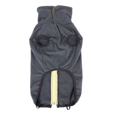 Abrigo gris para perro con cremallera amarilla, dos aberturas para las patas delanteras y botón de presión en el cuello.