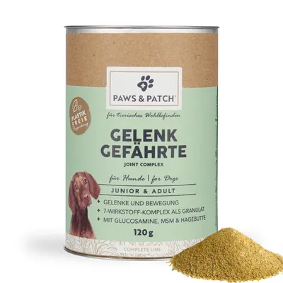 Paws & Patch Gelenk Gefährte Joint Complex pre psy, junior a dospelé. Plastový obal bez plastu, 7-zložkový komplex vo forme granulátu s glukozamínom, MSM a šípkou, 120g.