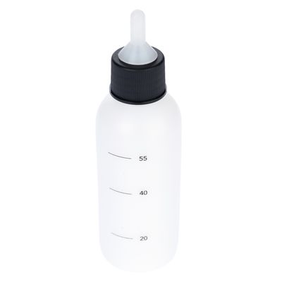 Botella blanca con tapa negra y escala en mililitros: 20, 40, 55 ml. Adecuada para dosificación precisa de líquidos.